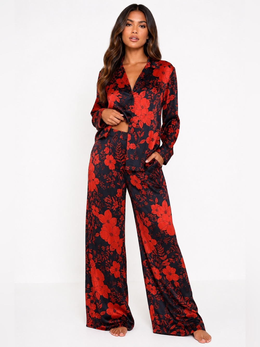 PrettyLittleThing Satin Floral Two‎ Piece Lounge Set Outfit Wide Leg Pants 6/8